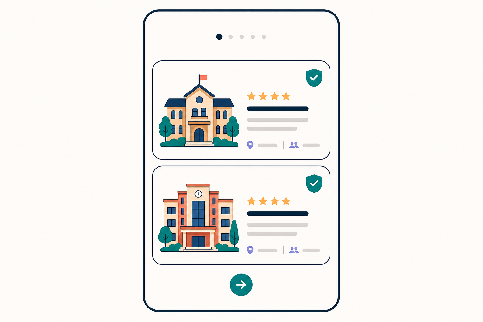 School listings with ratings inside the Vaara app